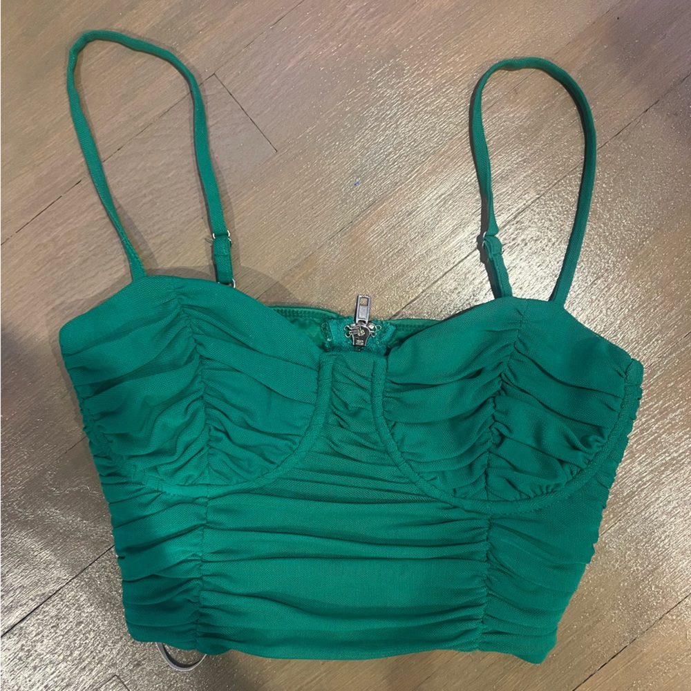 White Fox Mesh Ruched Green Cropped Top Size Small